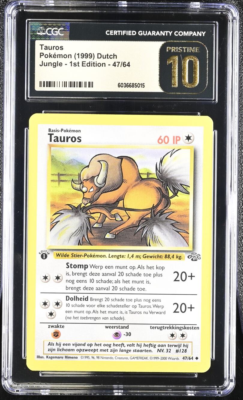 CGC 10 PRISTINE Tauros 1st Edition 47/64 Pokemon Dutch Jungle Set(PSA/BGS) Pop 1
